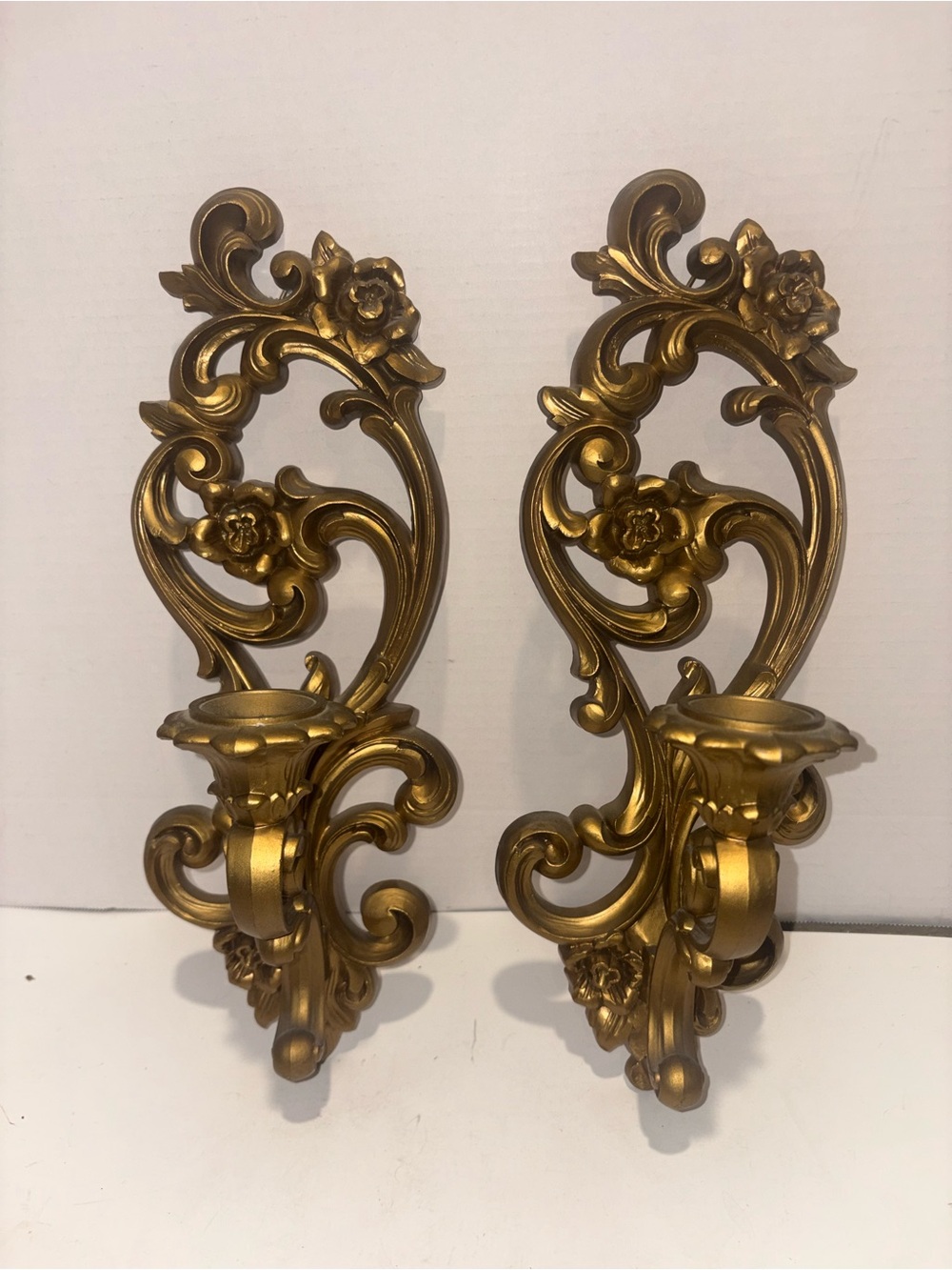 Homco Gold Ornate Floral Wall Sconces - Pair